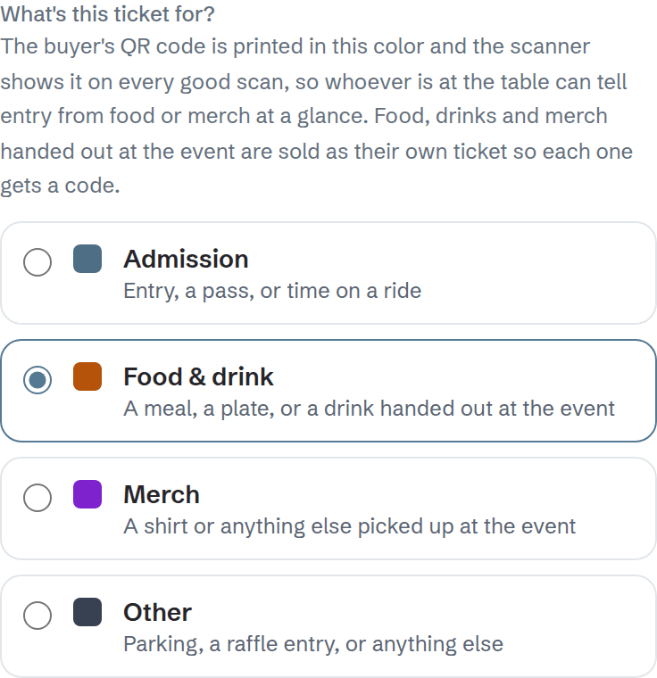 The "What's this ticket for?" picker showing Admission, Food & drink, Merch and Other