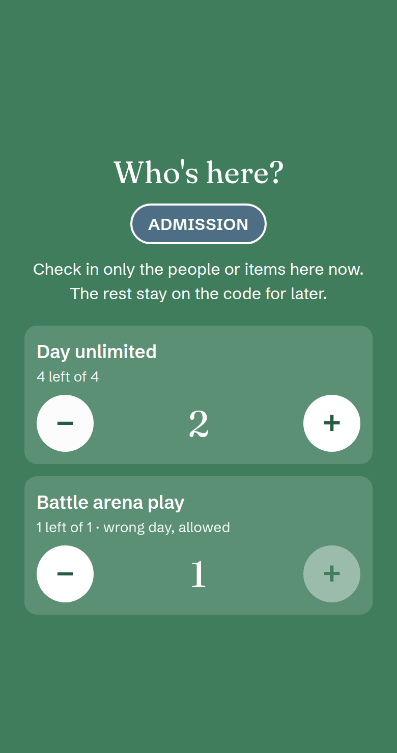 The "Who's here?" screen on a code with several tickets, with the + and − buttons