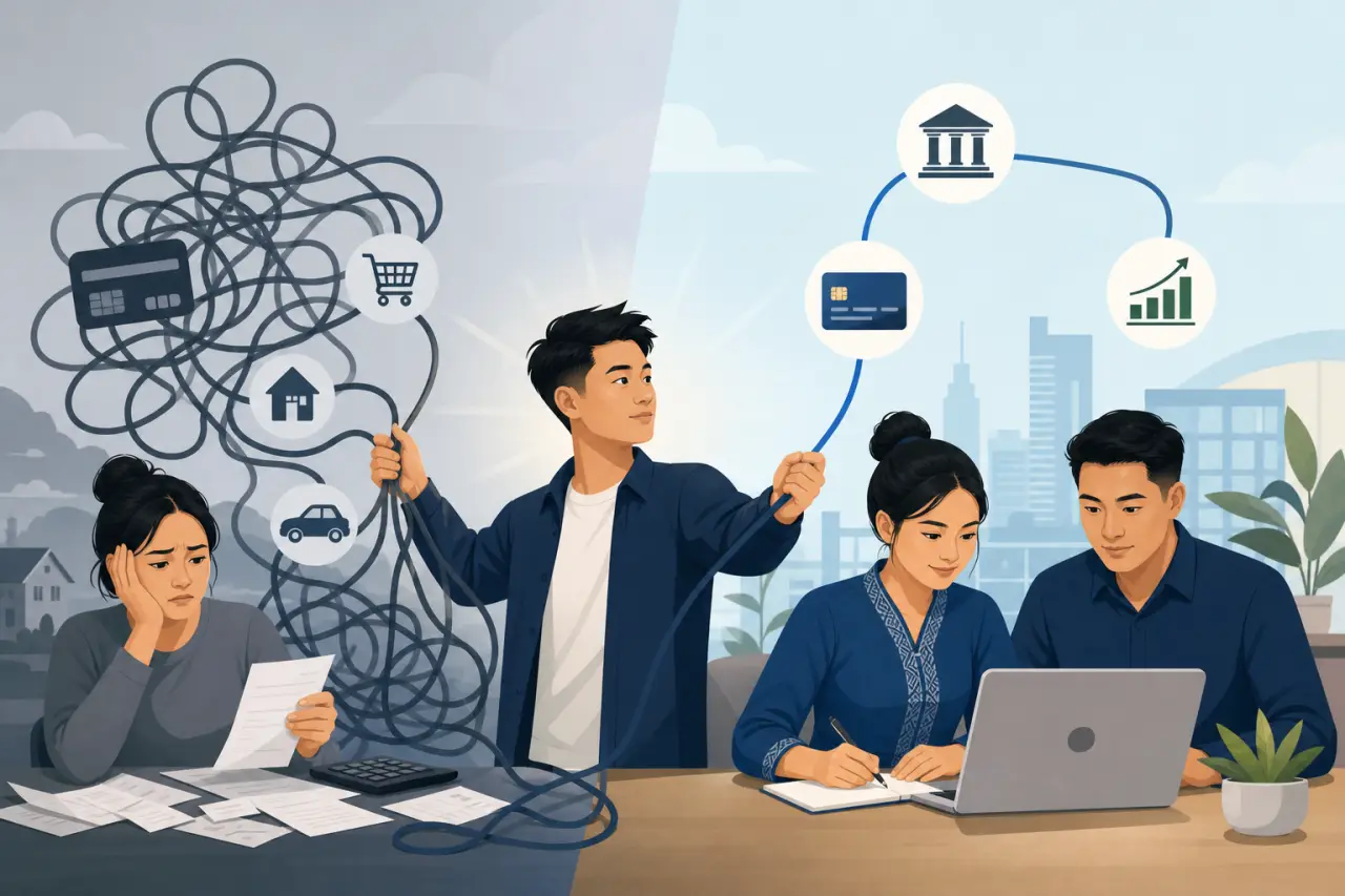 Split illustration contrasting a stressed woman surrounded by tangled debt icons with a couple reviewing a laptop and organized financial icons, symbo