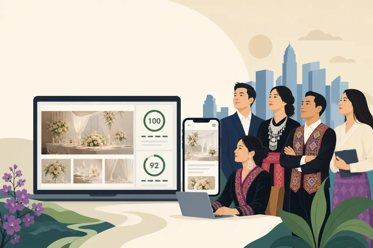 Illustration of five people in traditional attire beside a laptop and phone displaying wedding décor photos and score circles, with an Atlanta wedding