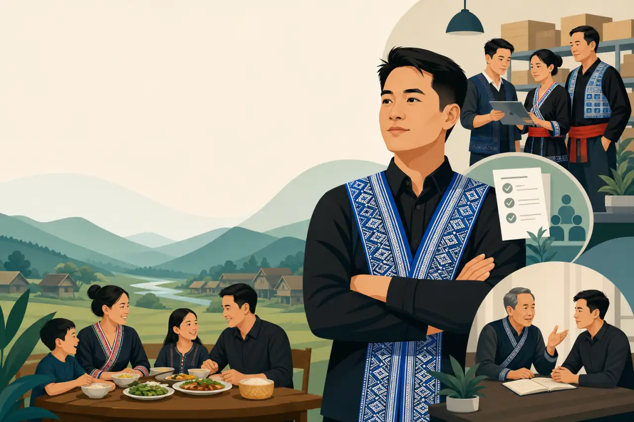 Illustration depicting a man in traditional Hmong attire standing confidently with arms crossed, surrounded by scenes of family dining, warehouse team