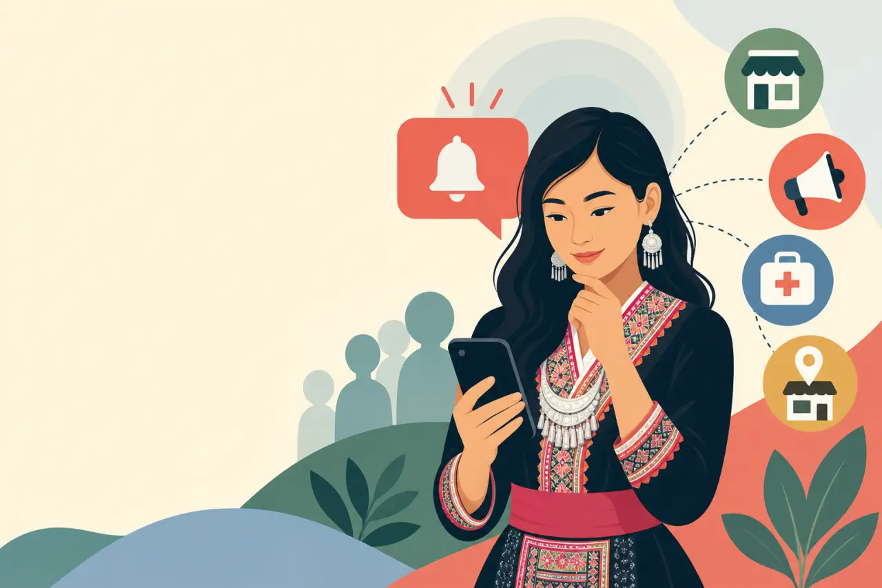 Illustration of a woman in traditional Hmong dress checking her phone with a notification bell icon, surrounded by shop, megaphone, medical, and locat