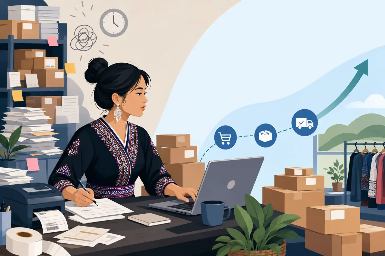 A woman in traditional embroidered attire manages orders on a laptop amid packages and paperwork, illustrating shipping software small business workfl