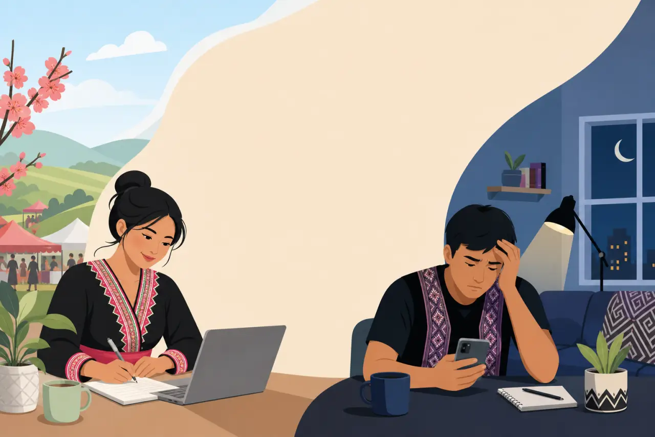 Split-scene illustration contrasting a smiling woman writing notes beside a laptop at a daytime festival with a stressed man holding his phone at nigh