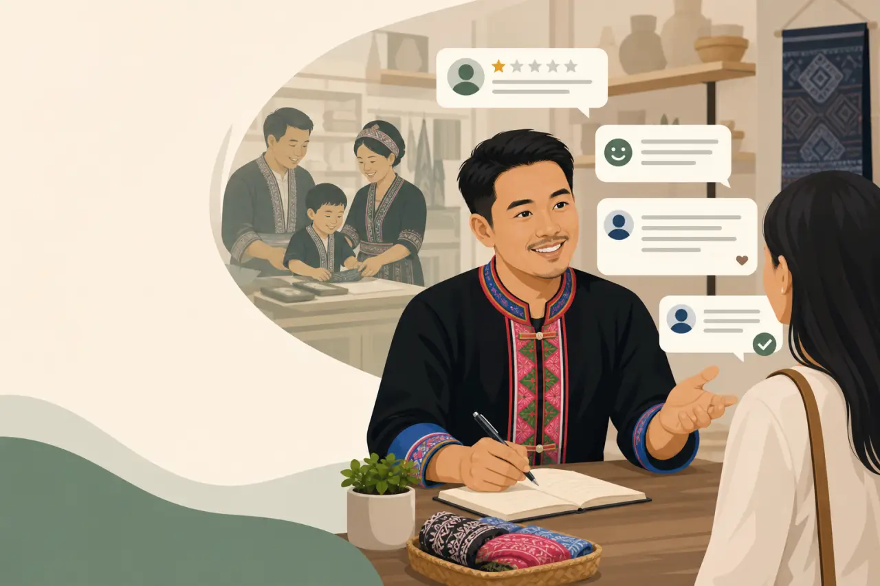 Illustration of a man in traditional embroidered attire writing in a notebook while talking with a customer, surrounded by review chat bubbles and a m