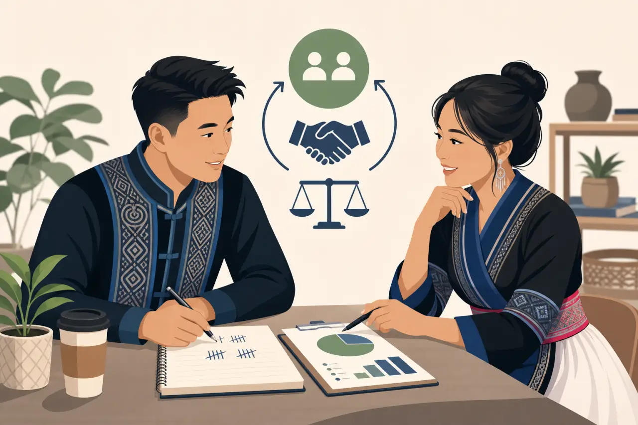 Illustration of a man and woman in traditional embroidered attire discussing charts and notes at a table, with icons of people, a handshake, and a bal