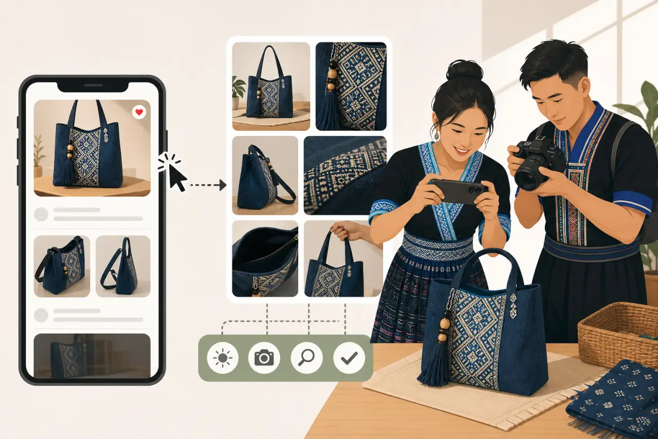 Illustration showing two people in traditional embroidered attire photographing an indigo tote bag with tassels, surrounded by a smartphone product li