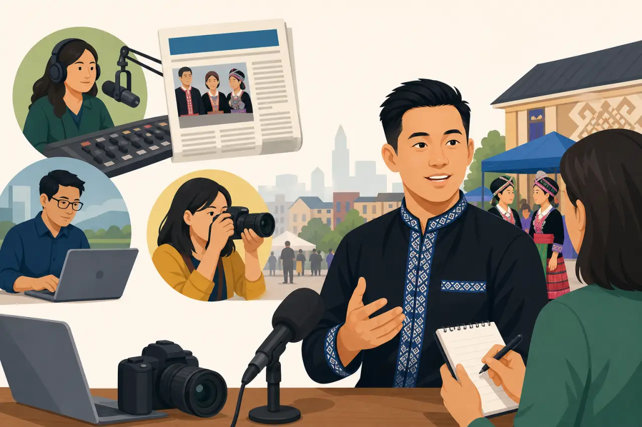Illustrated collage of Hmong community journalism showing an interview at a microphone, radio host, photographer, writer with laptop, and newspaper fe