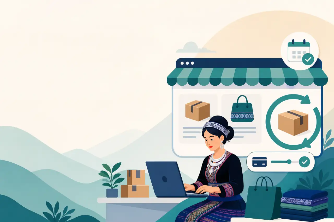 Illustration of a woman in traditional attire using a laptop beside an online storefront graphic with product boxes, a handbag, calendar checkmark, an
