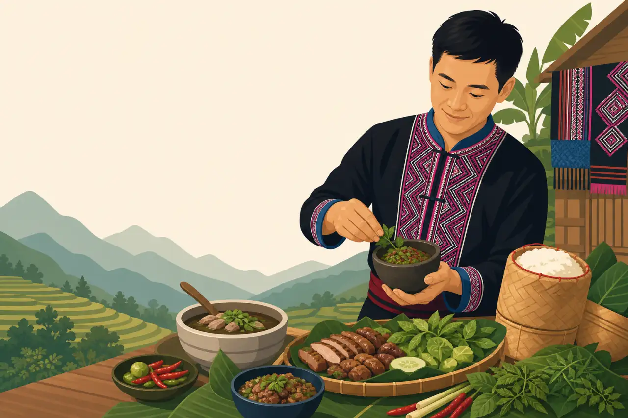 Illustration of a man in traditional Hmong embroidered clothing preparing herbs and grilled meats on a mountain terrace, offering a visual answer to w