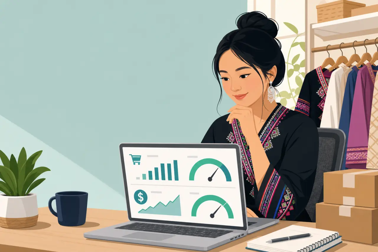 Illustrated boutique seller in embroidered attire reviews sales growth charts and gauges on a laptop, reflecting compliance considerations under the I