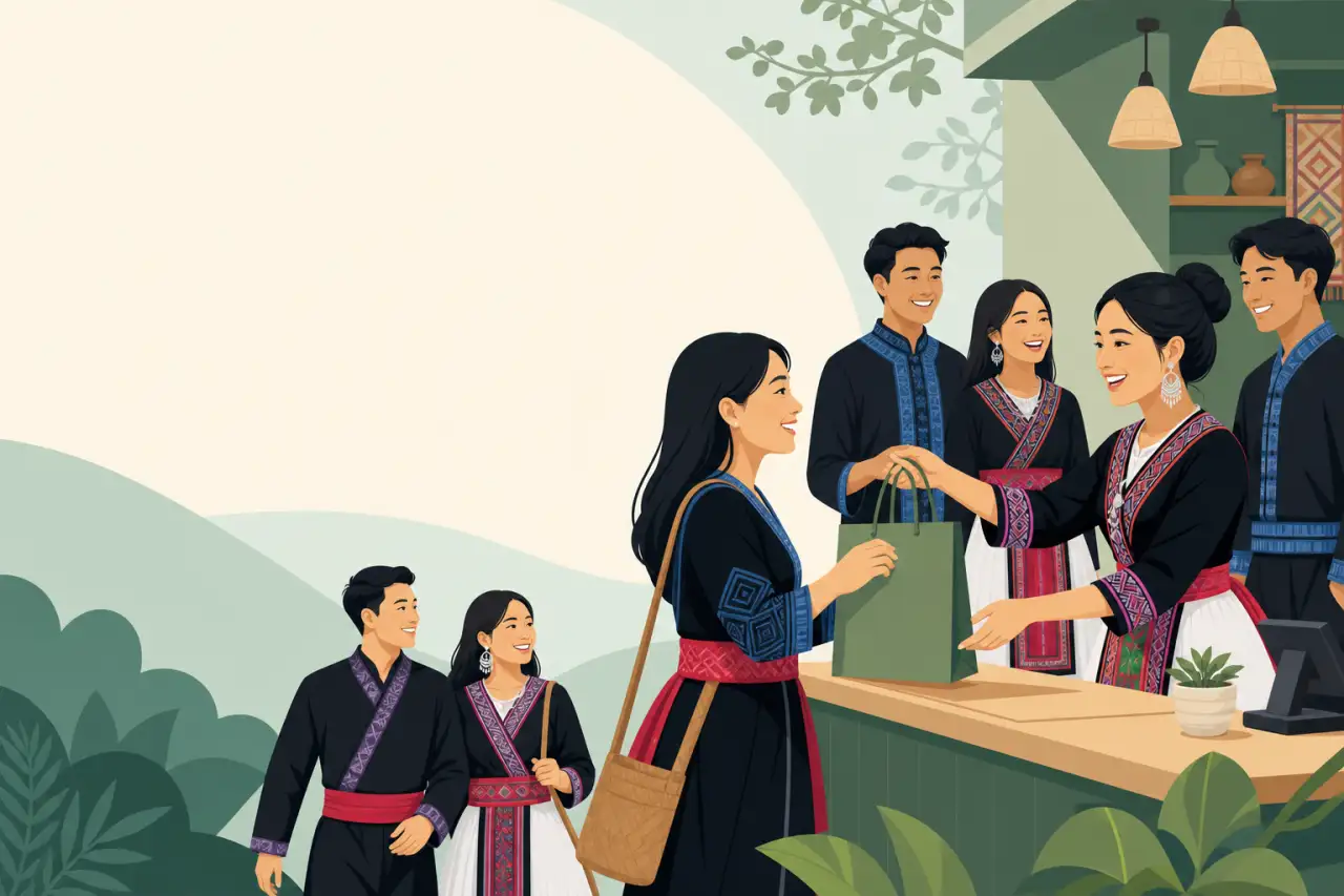 Illustration of smiling shop attendants in traditional embroidered attire handing a green shopping bag to a customer at a wooden counter, with a famil