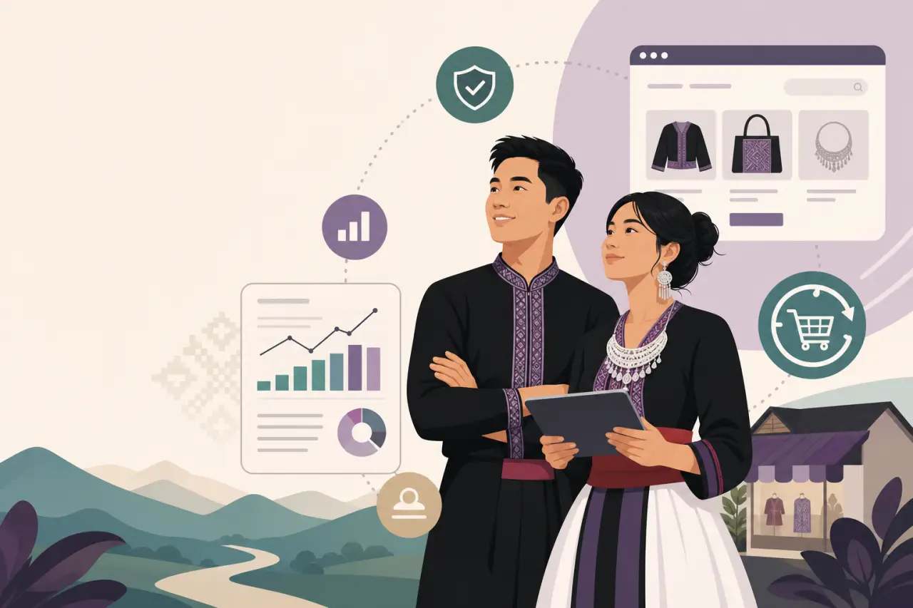 Illustration of a man and woman in traditional Hmong attire holding a tablet, surrounded by growth charts, a security badge, cart icon, and an online