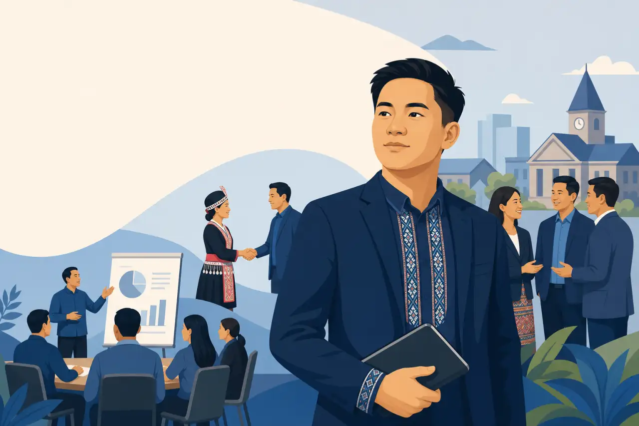 Illustrated professional in traditional embroidered attire stands before scenes of networking, handshakes, and a business presentation, symbolizing th