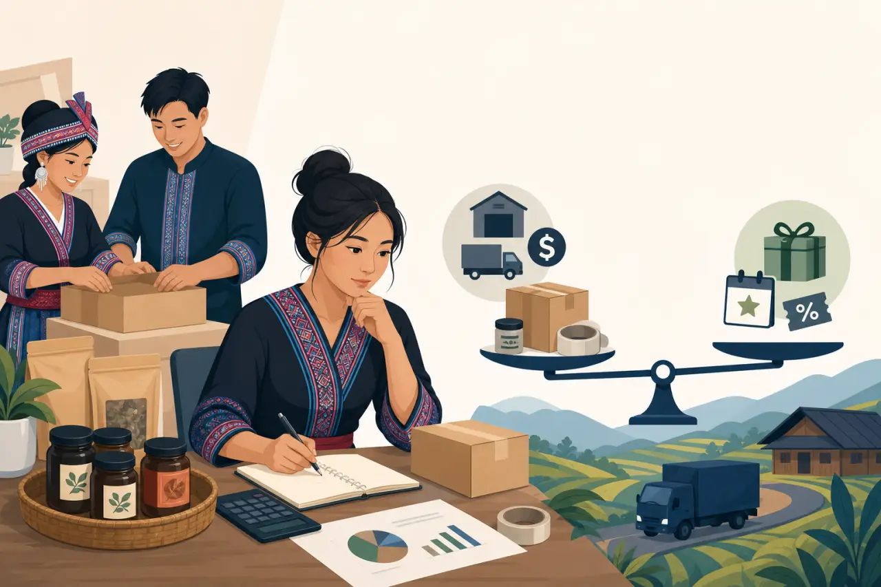 Illustration of artisans packing herbal product jars while a woman plans logistics and pricing charts, symbolizing a subscription business model small