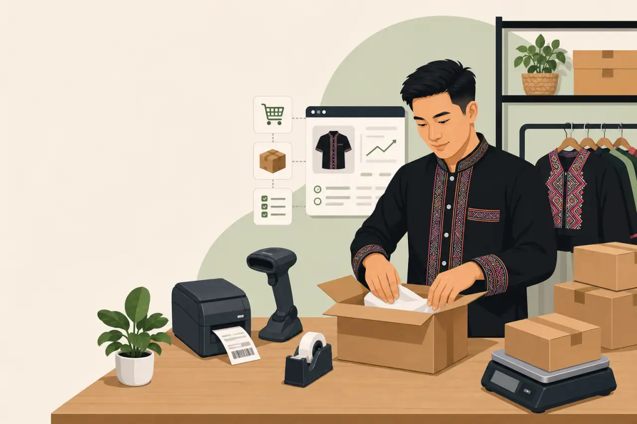 Illustration of a man in embroidered attire packing an order at a desk equipped with ecommerce hardware and software for small business, including a b