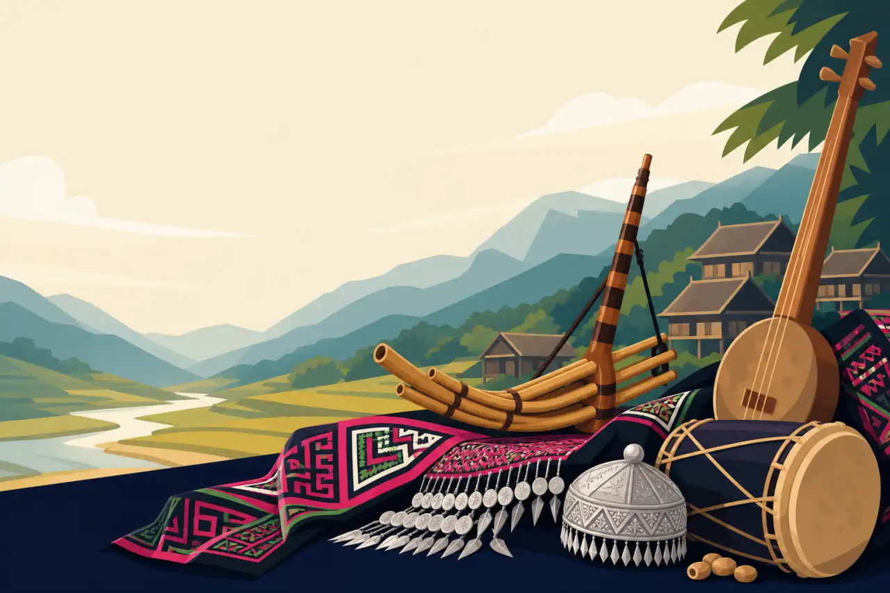 Illustrated highland scene featuring Hmong traditional music instruments including a bamboo qeej, drum, and lute displayed on embroidered fabric with