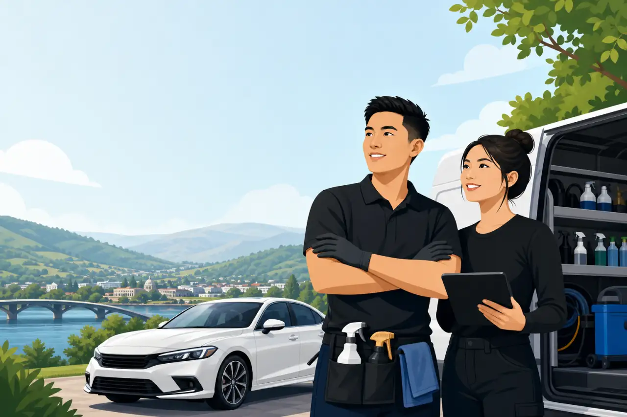 Illustrated mobile detailing Oroville CA team stands beside a stocked service van and white sedan, overlooking a river, bridge, and rolling hills with