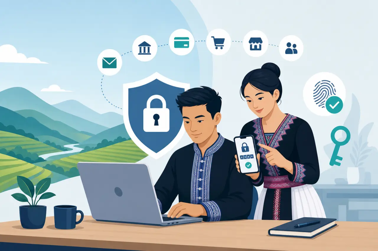 Illustration of a man using a laptop while a woman shows him a phone with a lock icon, surrounded by shield, fingerprint, key and shopping icons that