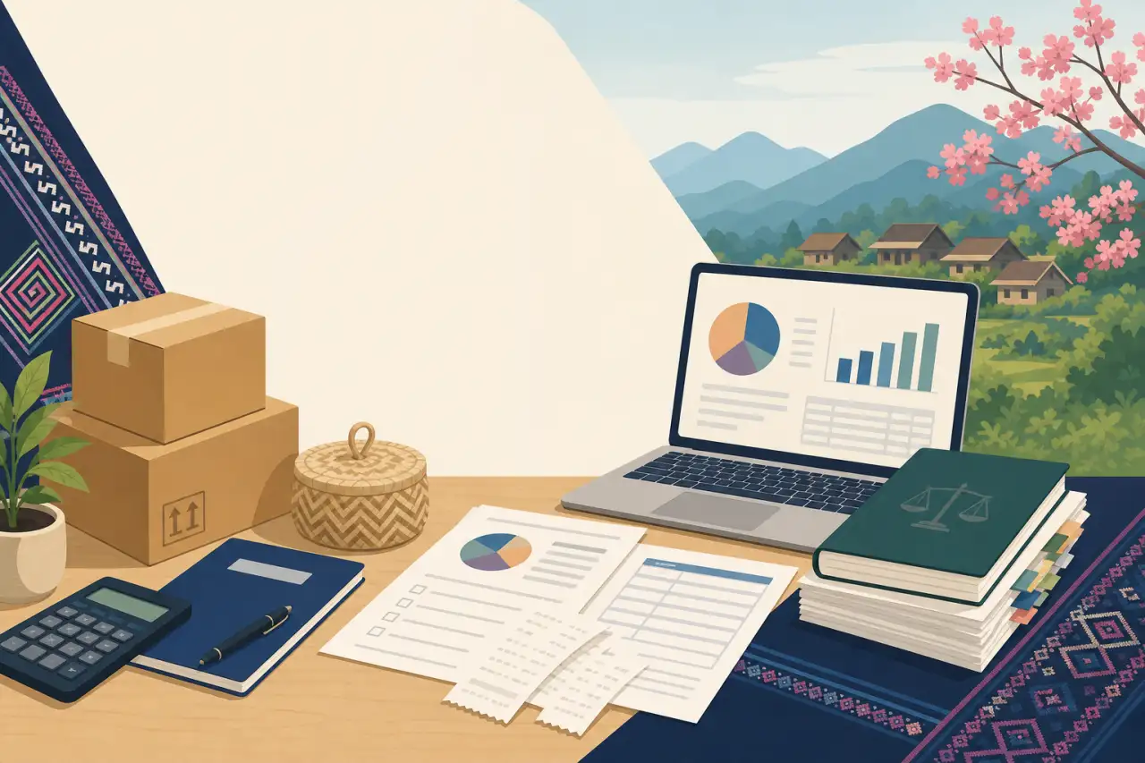 Illustrated desk scene showing a laptop with charts, printed reports, a calculator, notebook, legal book, and shipping boxes representing seller tax i