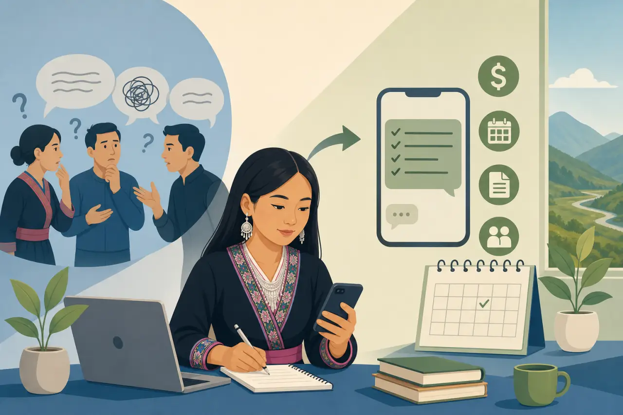 A woman in traditional attire checks her phone and takes notes beside a laptop, with icons for messaging, finance, scheduling, documents and teamwork