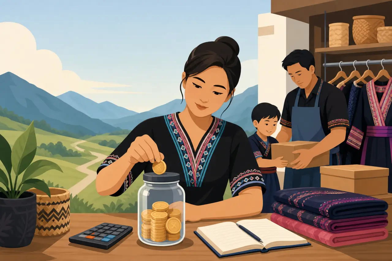 Illustration of a woman in traditional embroidered attire dropping coins into a savings jar beside a ledger and calculator, while a man and child pack