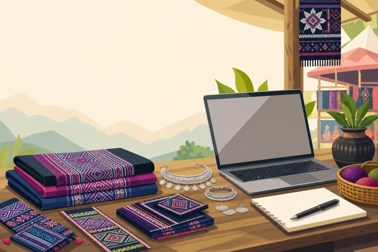 Illustrated wooden desk with folded embroidered textiles, silver tribal jewelry, a laptop, notebook and pen, representing an item description policy f