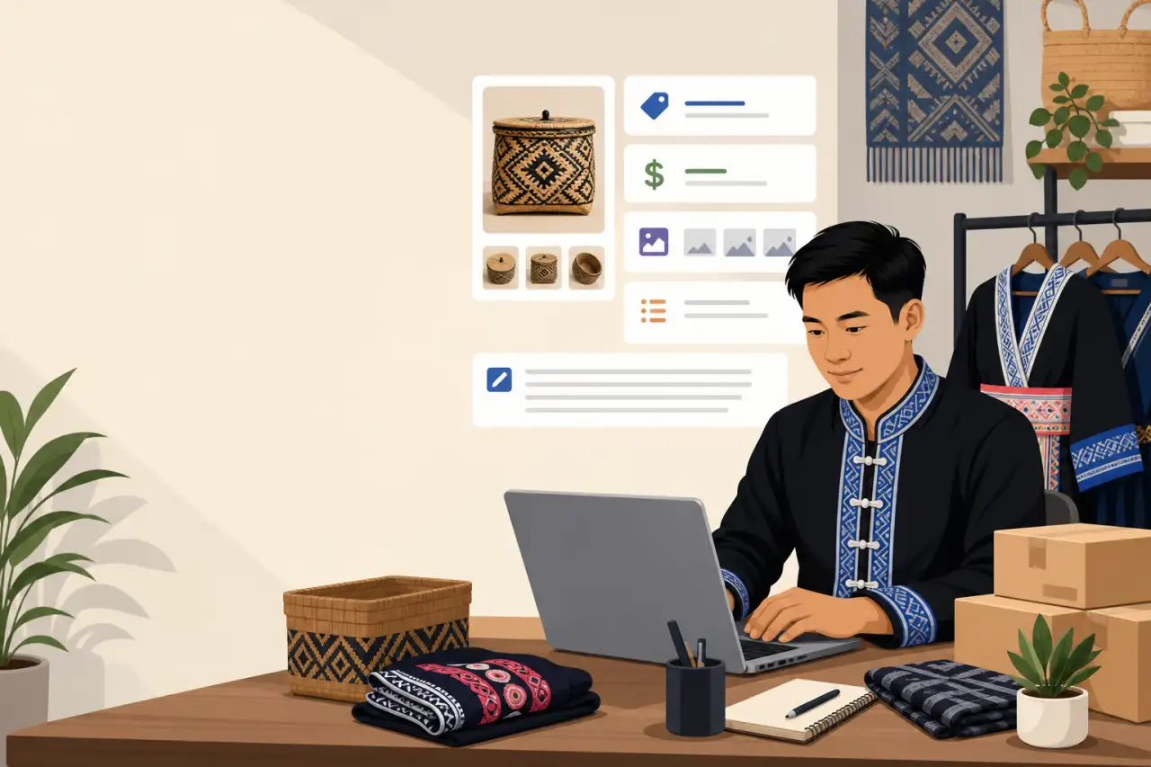 A seller updating marketplace listings on a laptop with a checklist and calendar nearby, flat vector style