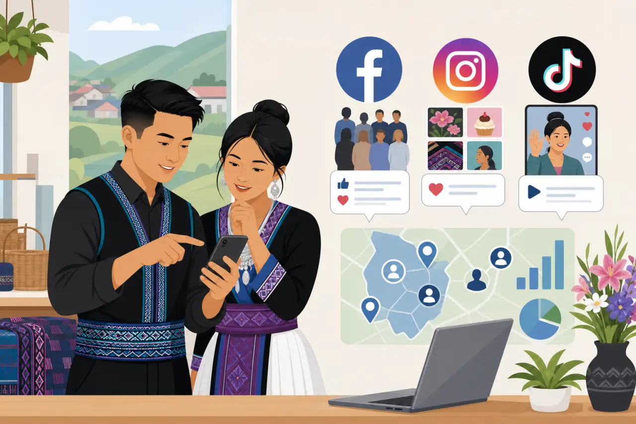 Illustration of a couple in traditional embroidered attire viewing a smartphone together, surrounded by icons for Facebook, Instagram, and TikTok, eng