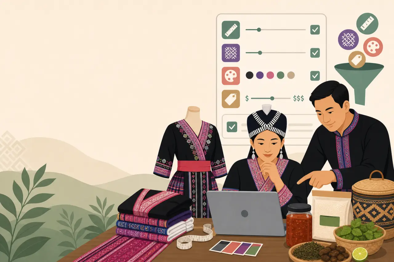 Illustration of a couple in traditional embroidered Hmong attire reviewing a laptop displaying customization filters, alongside folded textiles, a man
