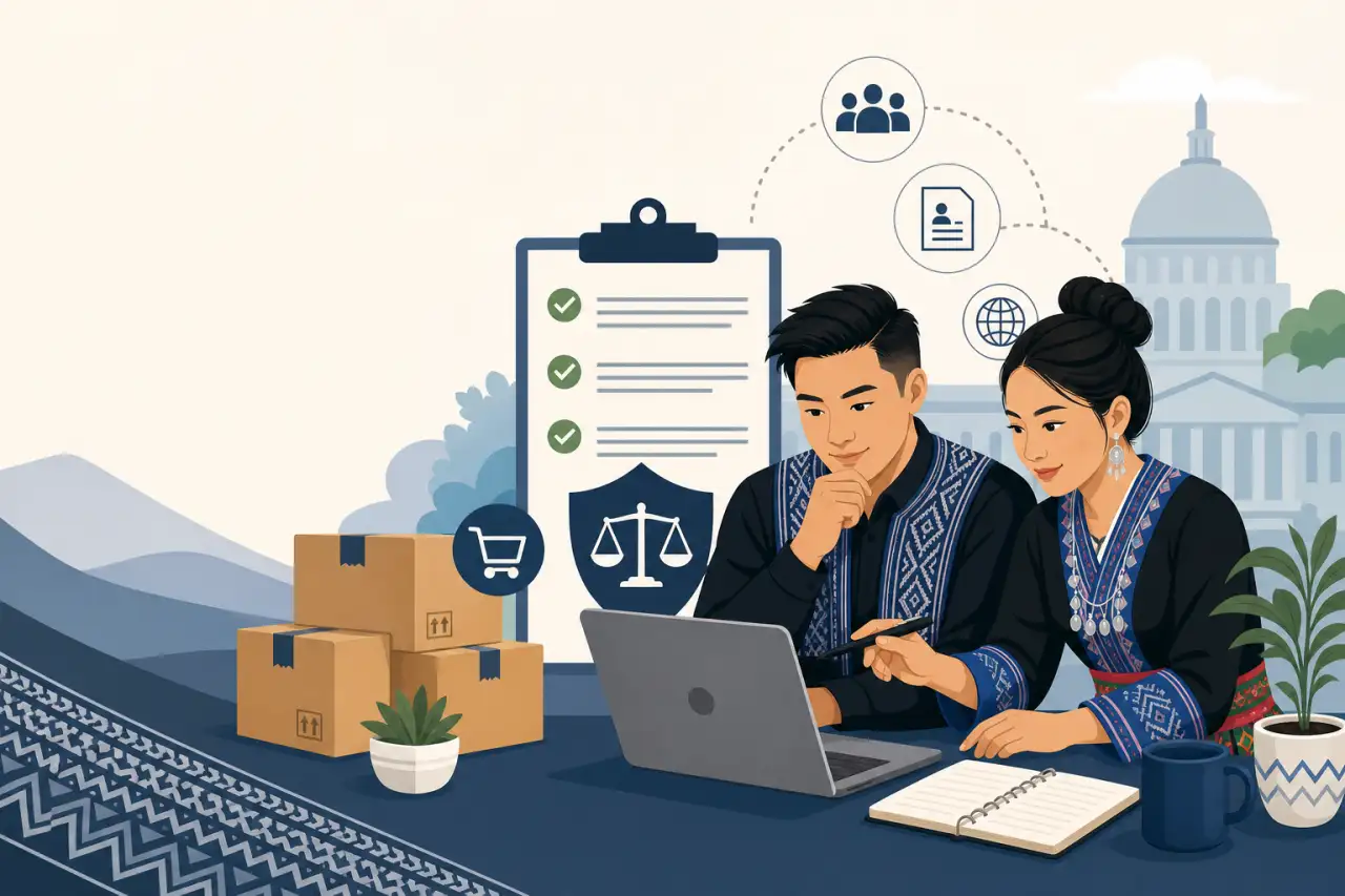 A man and woman in traditional embroidered attire review a laptop and notebook at a desk with shipping boxes, a checklist, and a legal scale icon, sym