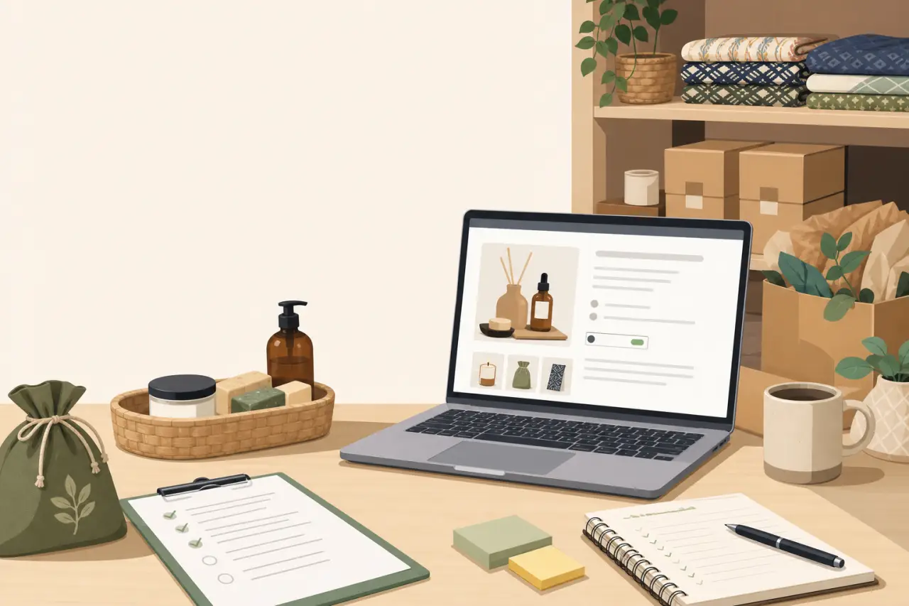 Illustrated workspace with a laptop showing a product listing page beside soap, oils, packaging supplies, and a checklist clipboard, evoking an online