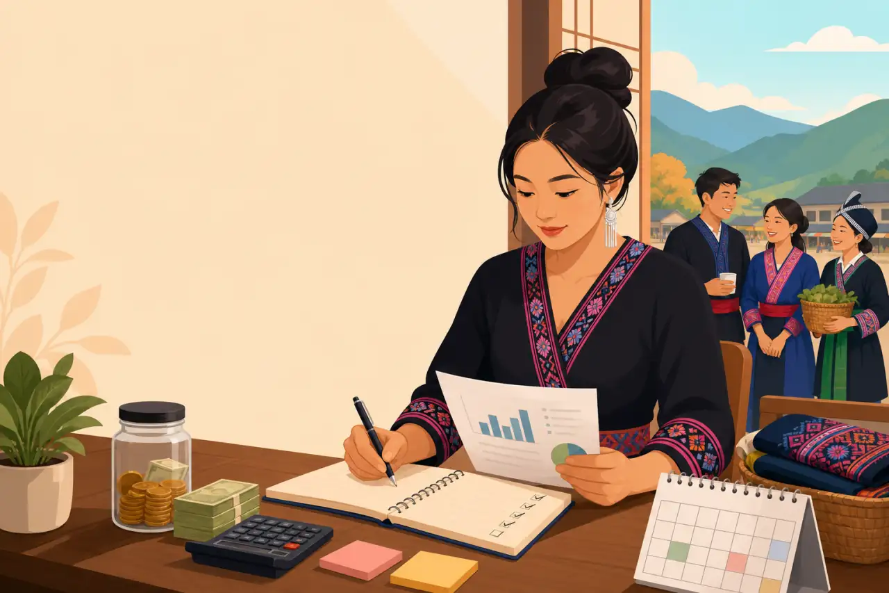 Illustration of a woman in traditional embroidered attire reviewing a bar chart and writing in a checklist notebook at a desk with coins, cash, a calc