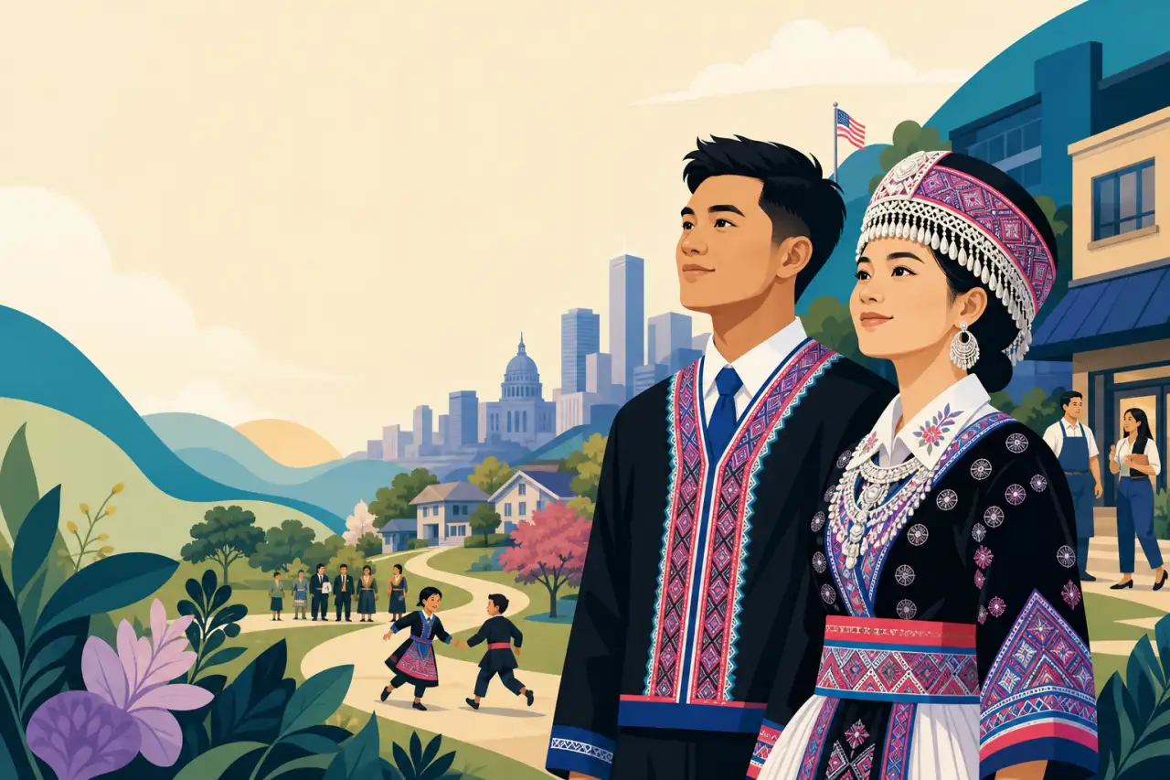 Illustrated Hmong American history resilience theme banner showing a young man and woman in traditional embroidered attire and silver jewelry standing