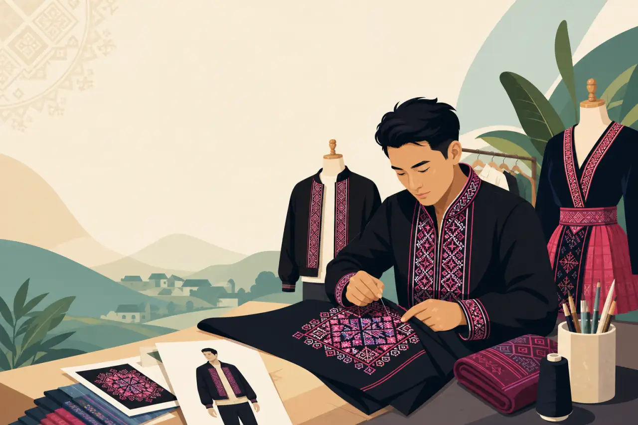 Illustrated tailor stitching intricate pink and black geometric embroidery onto a black garment, surrounded by mannequins, sketches, and thread spools