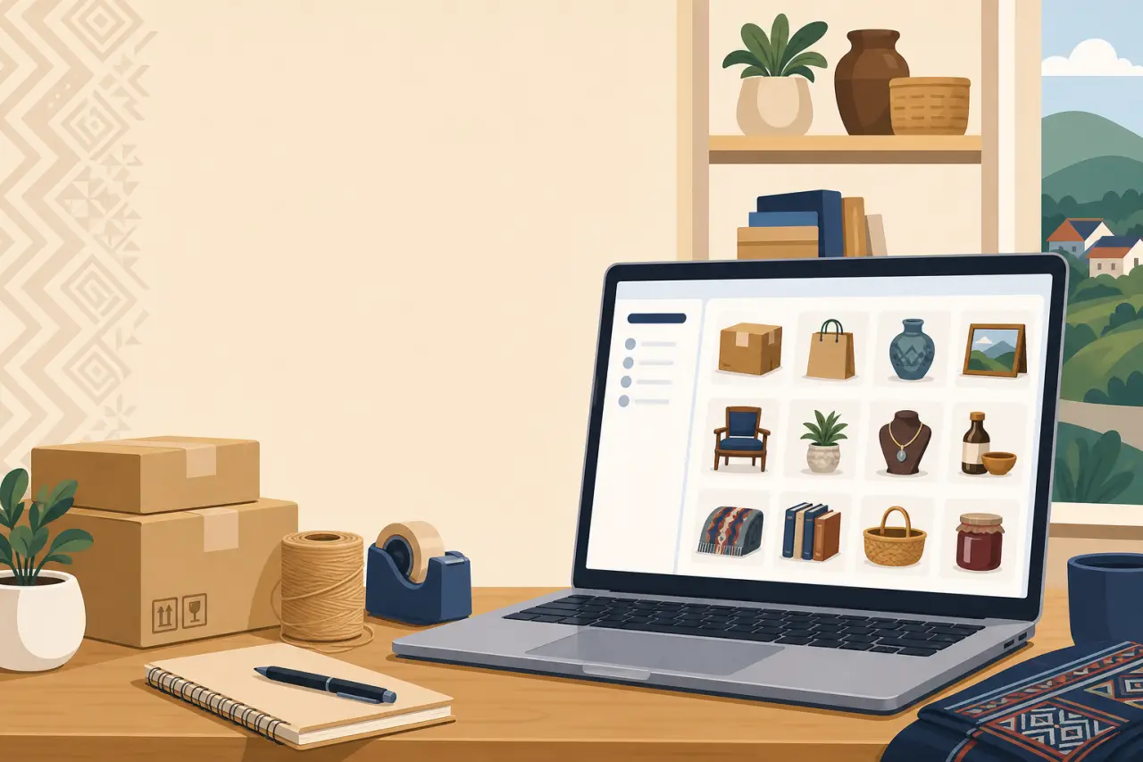 Illustrated home office desk with a laptop displaying a grid of product thumbnails such as boxes, bags, vases, jewelry, and furniture, surrounded by s