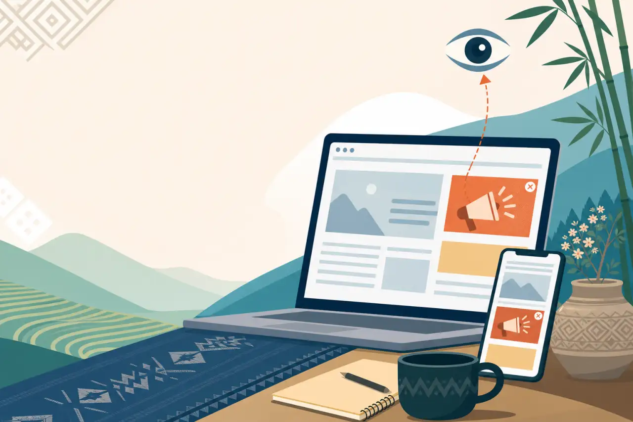 Illustration of a laptop and smartphone displaying webpages with a highlighted orange ad banner and dismiss icon, an eye symbol with an arrow illustra