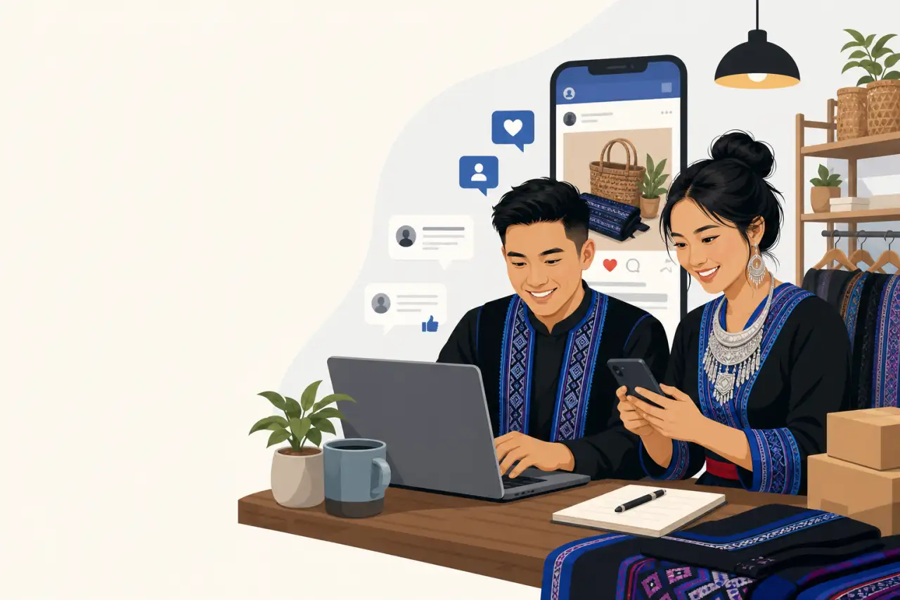 Illustration of a couple in traditional embroidered attire using a laptop and smartphone surrounded by like and comment icons, demonstrating social me
