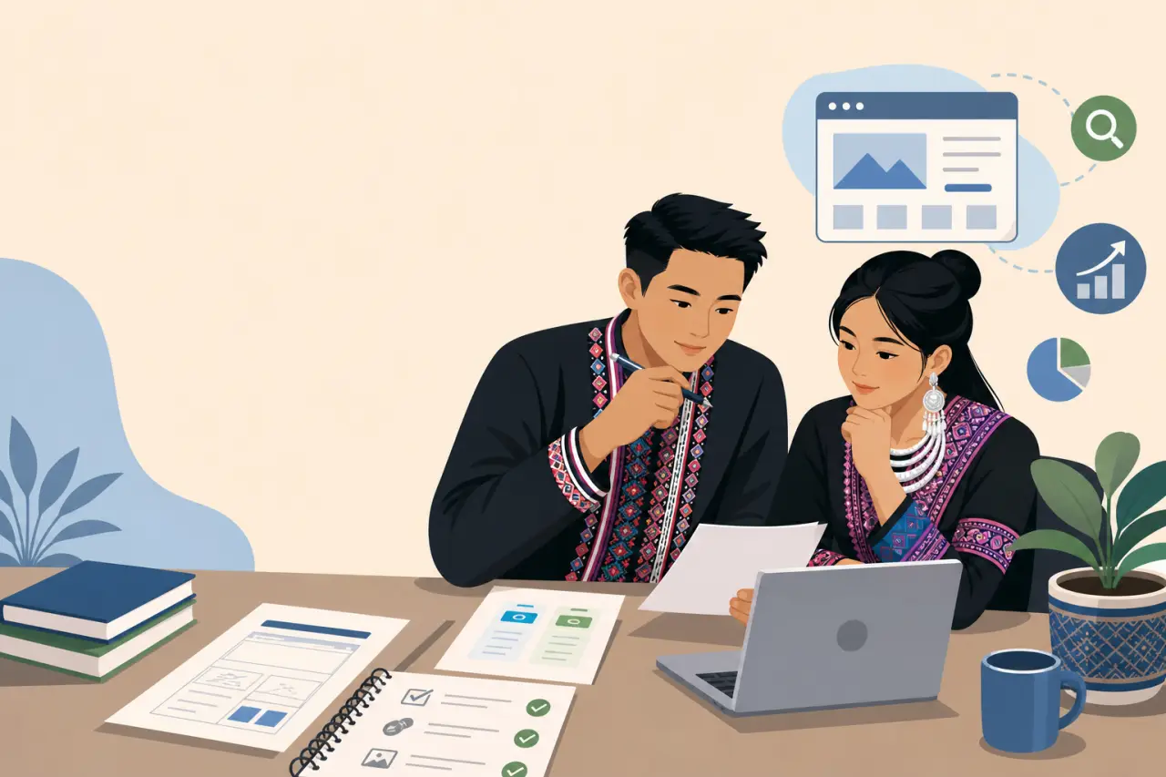 Illustration of two people in traditional embroidered attire reviewing documents and a laptop with website mockups, search, and analytics icons, symbo