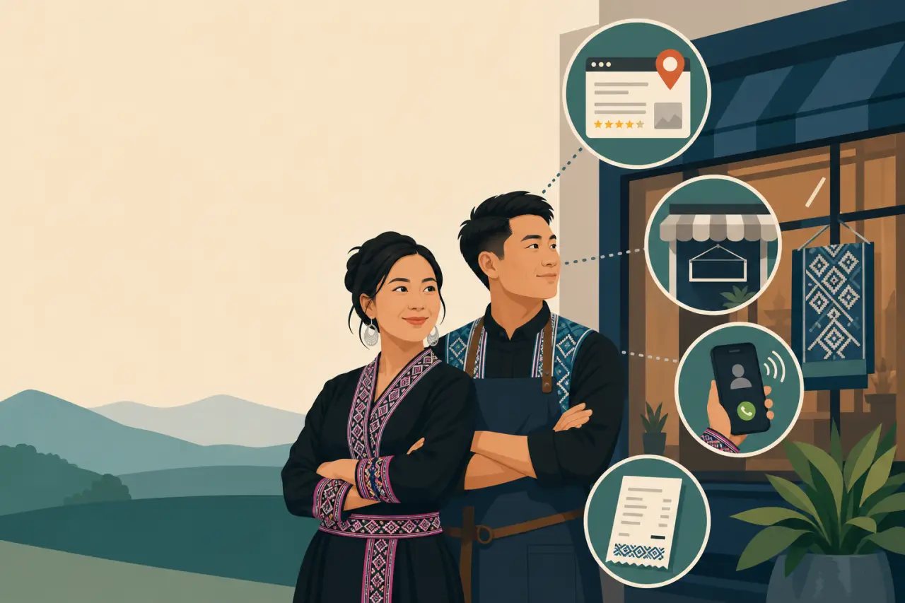 Illustration of a man and woman in traditional embroidered attire standing confidently outside a storefront, with icons for online reviews, signage, c