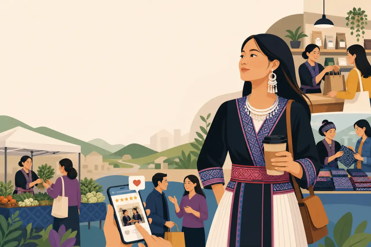 Illustration of a young Hmong woman in traditional embroidered attire holding coffee, surrounded by market and shop scenes that encourage people to su