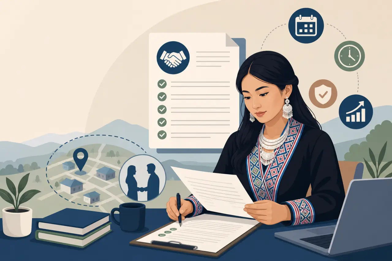 Illustration of a woman in traditional embroidered attire signing a document at a desk, surrounded by icons representing seller financing small busine