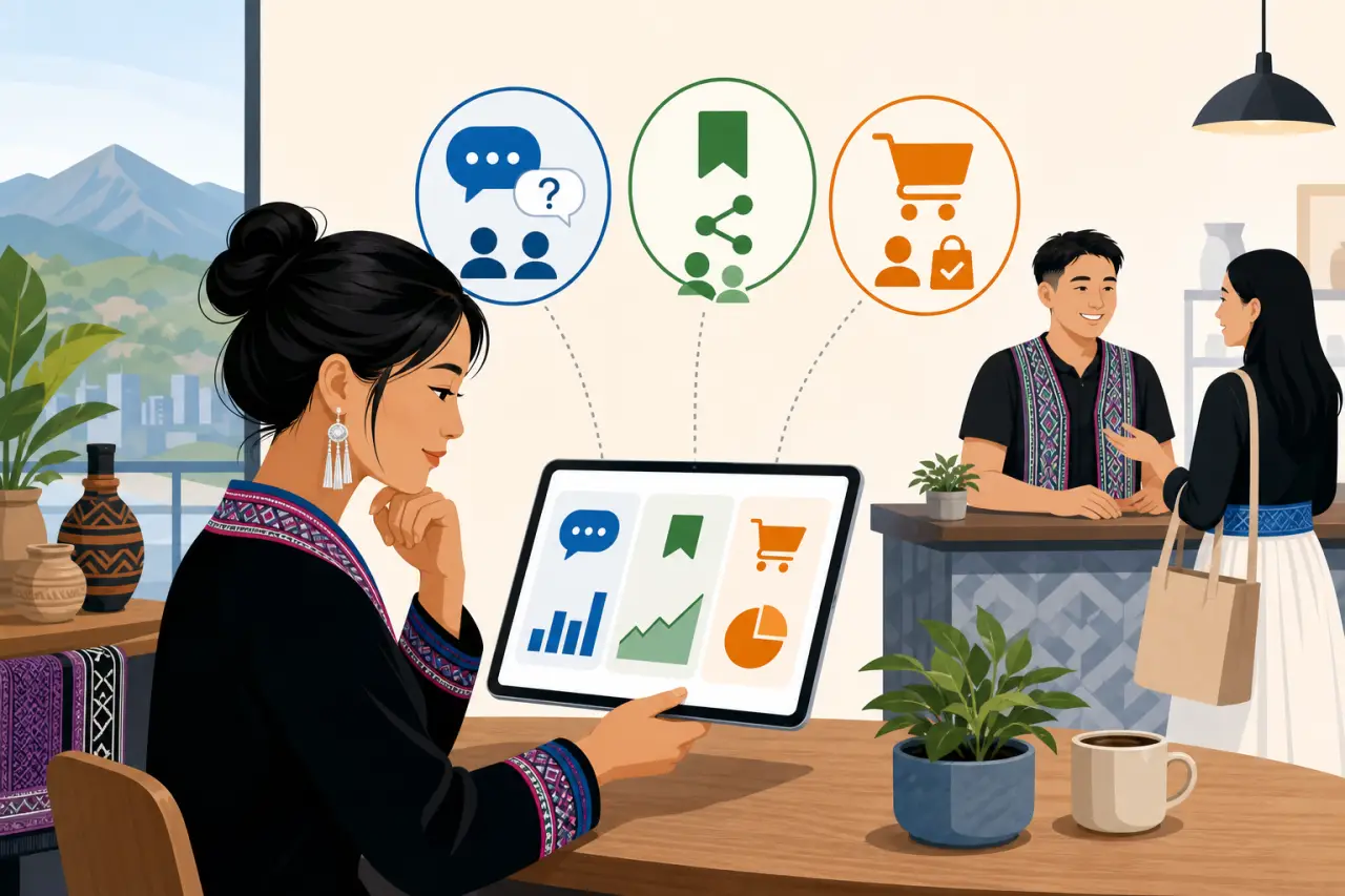 Illustration of a woman in traditional embroidered clothing reviewing a tablet displaying chat, sharing, and cart icons with charts, representing soci