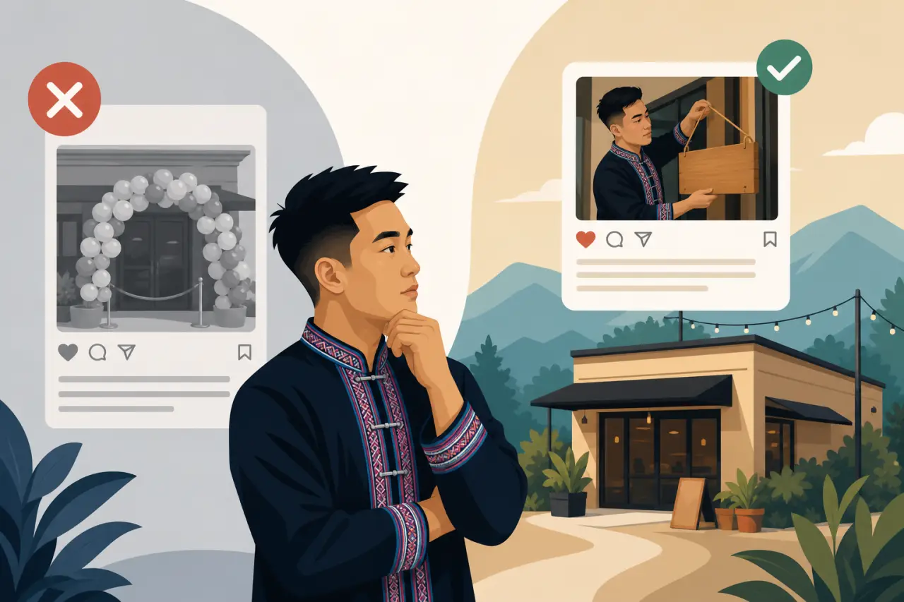 Illustrated man in traditional embroidered attire compares a generic balloon-arch storefront photo marked with a red X against a warm, personal image