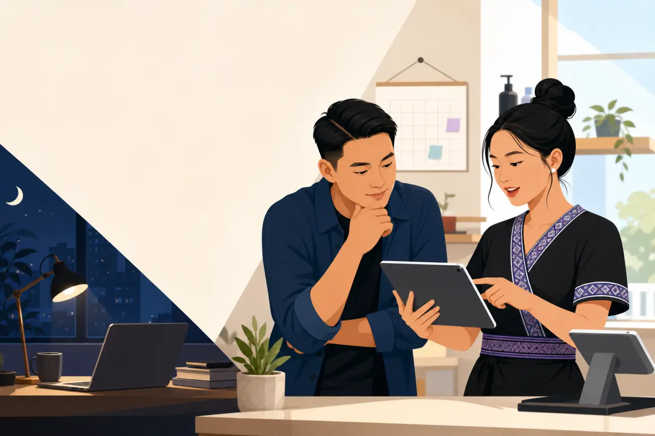Illustration split between a nighttime home office with laptop and lamp and a bright daytime shop counter, symbolizing the process of choosing busines