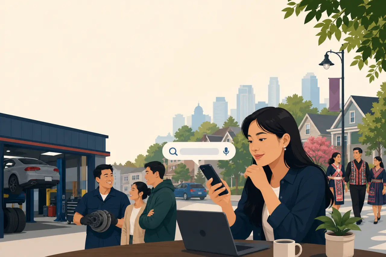 Illustration showing a woman searching on her phone beside a laptop, with a search bar bubble above her, a car repair shop, and a city street scene, r
