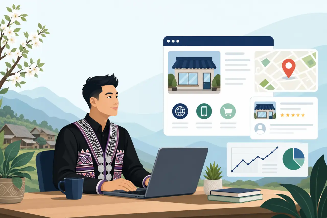 Illustration of a man in traditional Hmong attire using a laptop at a mountain-view desk, with graphics depicting a storefront, map pin, star reviews,