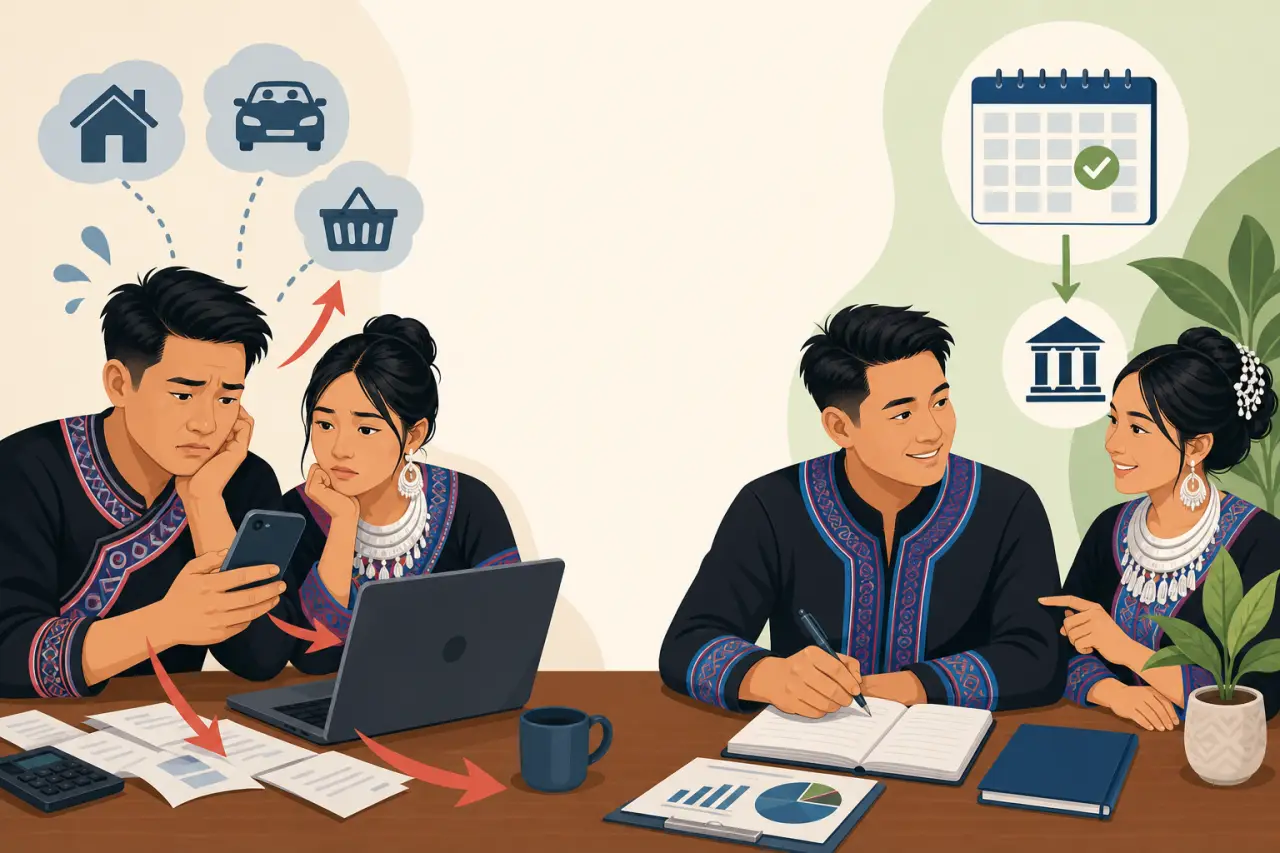Illustration contrasting a stressed couple surrounded by bills and spending icons with a confident couple reviewing charts and a calendar-to-bank diag
