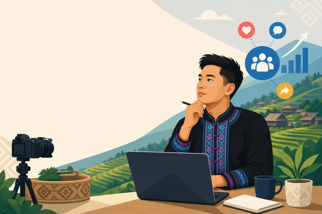 Illustration of a young man in traditional embroidered attire sitting at a laptop with a camera on a tripod, terraced rice fields and village houses b