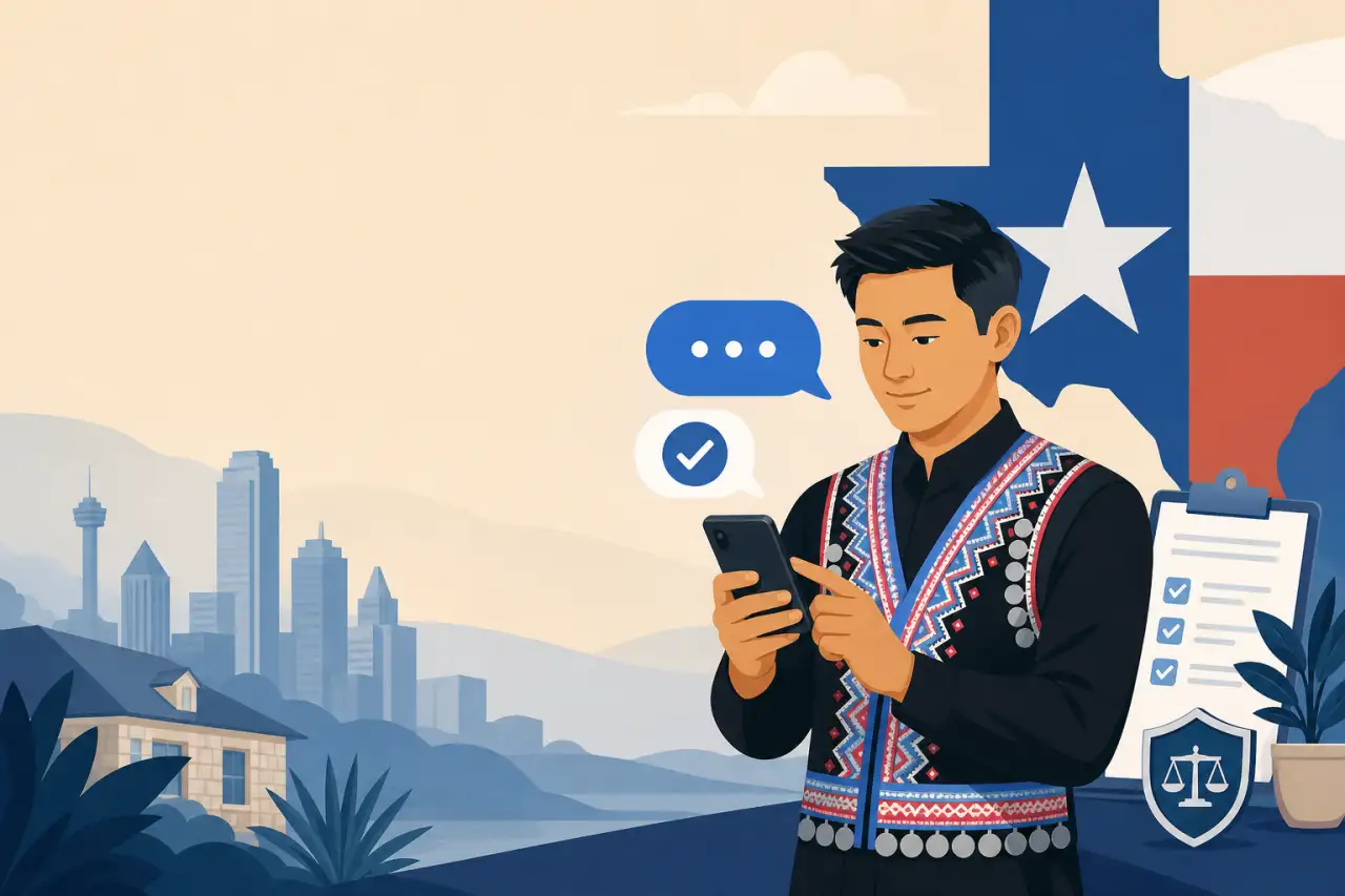 Illustration of a man in traditional embroidered attire checking text messages on his phone, symbolizing Texas SB 140 SMS compliance, with a checklist